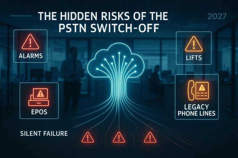 A visual guide for UK businesses illustrating the transition from traditional copper-based PSTN and ISDN lines to digital IP networks, highlighting at-risk services like alarms, lifts, and EPOS systems.