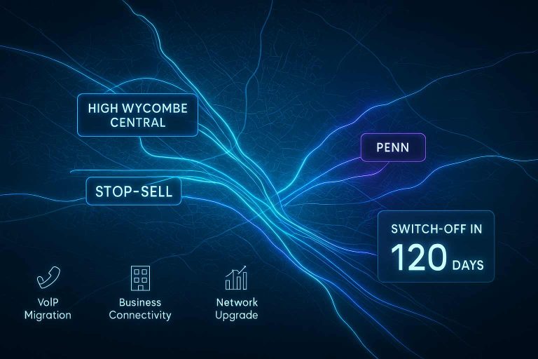 A digital map of High Wycombe showing fiber network lines connecting the Central and Penn exchanges. It features labels for "Stop-Sell" and "Switch-Off in 120 Days," with icons for VoIP Migration, Business Connectivity, and Network Upgrade.