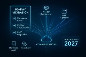 A "PSTN Switch Off" checklist graphic outlining a 90-day migration plan for UK businesses. It features key stages including "Hardware Audit," "Vendor Coordination," and "VoIP Implementation," set against a professional background with a countdown clock pointing to the 2027 deadline.