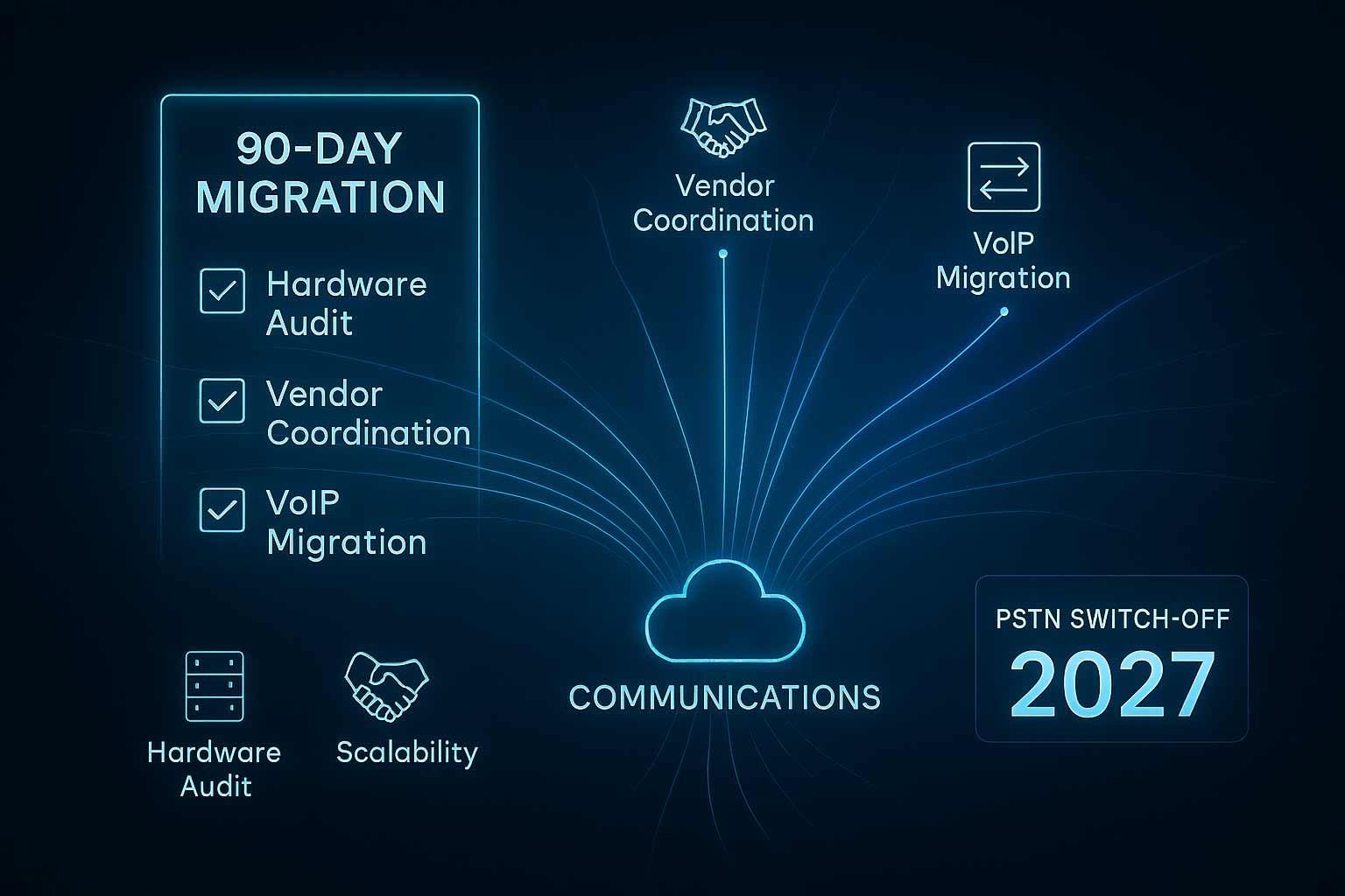 A "PSTN Switch Off" checklist graphic outlining a 90-day migration plan for UK businesses. It features key stages including "Hardware Audit," "Vendor Coordination," and "VoIP Implementation," set against a professional background with a countdown clock pointing to the 2027 deadline.