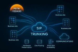 A network diagram illustrating SIP Trunking as a replacement for PSTN and ISDN30 services. The graphic shows a central SIP Trunking cloud connected to multiple business sites, with icons highlighting hardware preservation, line pooling, and multi-site scalability. An orange sun icon in the corner marks the sunset of legacy PSTN/ISDN30 systems.