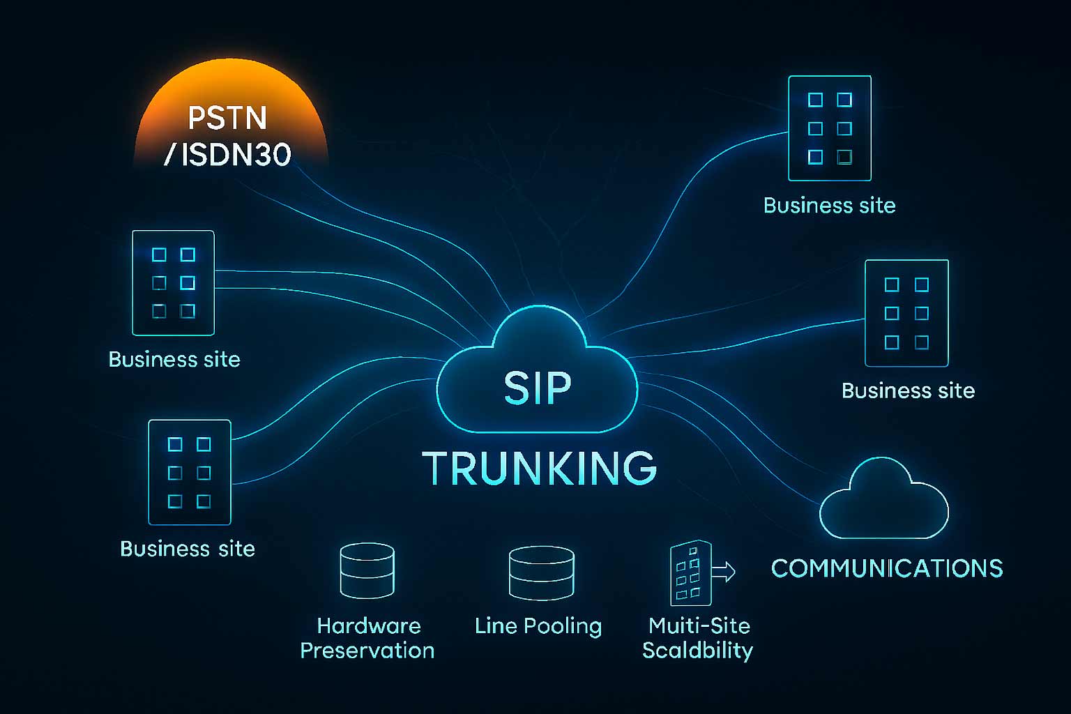 A network diagram illustrating SIP Trunking as a replacement for PSTN and ISDN30 services. The graphic shows a central SIP Trunking cloud connected to multiple business sites, with icons highlighting hardware preservation, line pooling, and multi-site scalability. An orange sun icon in the corner marks the sunset of legacy PSTN/ISDN30 systems.