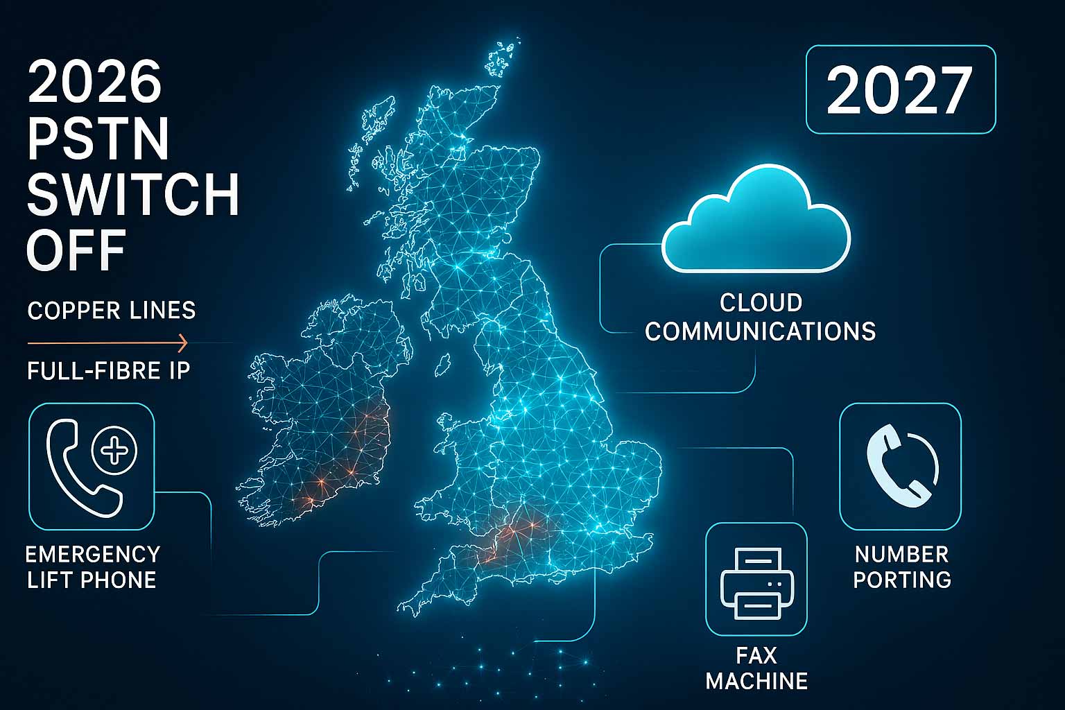 Infographic showing the UK map transitioning from 2026 copper PSTN lines to 2027 cloud communications, featuring icons for lift phones, fax machines, and number porting.