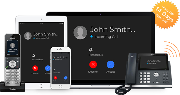 Yealink VoIP phone system interface displayed across multiple devices including a laptop, tablet, smartphone, and cordless handset.