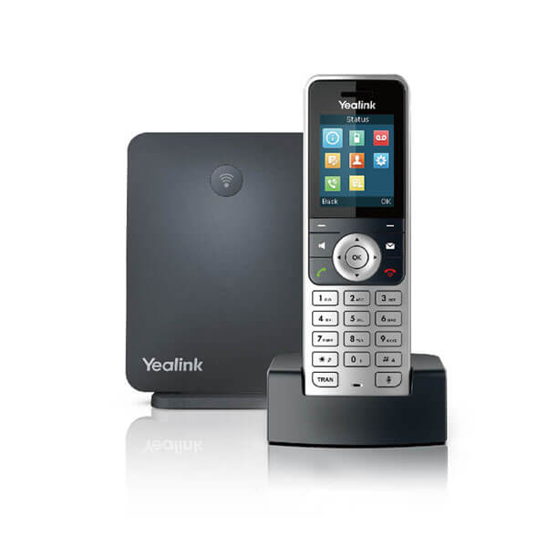Yealink VoIP phone system interface displayed across multiple devices including a laptop, tablet, smartphone, and cordless handset.