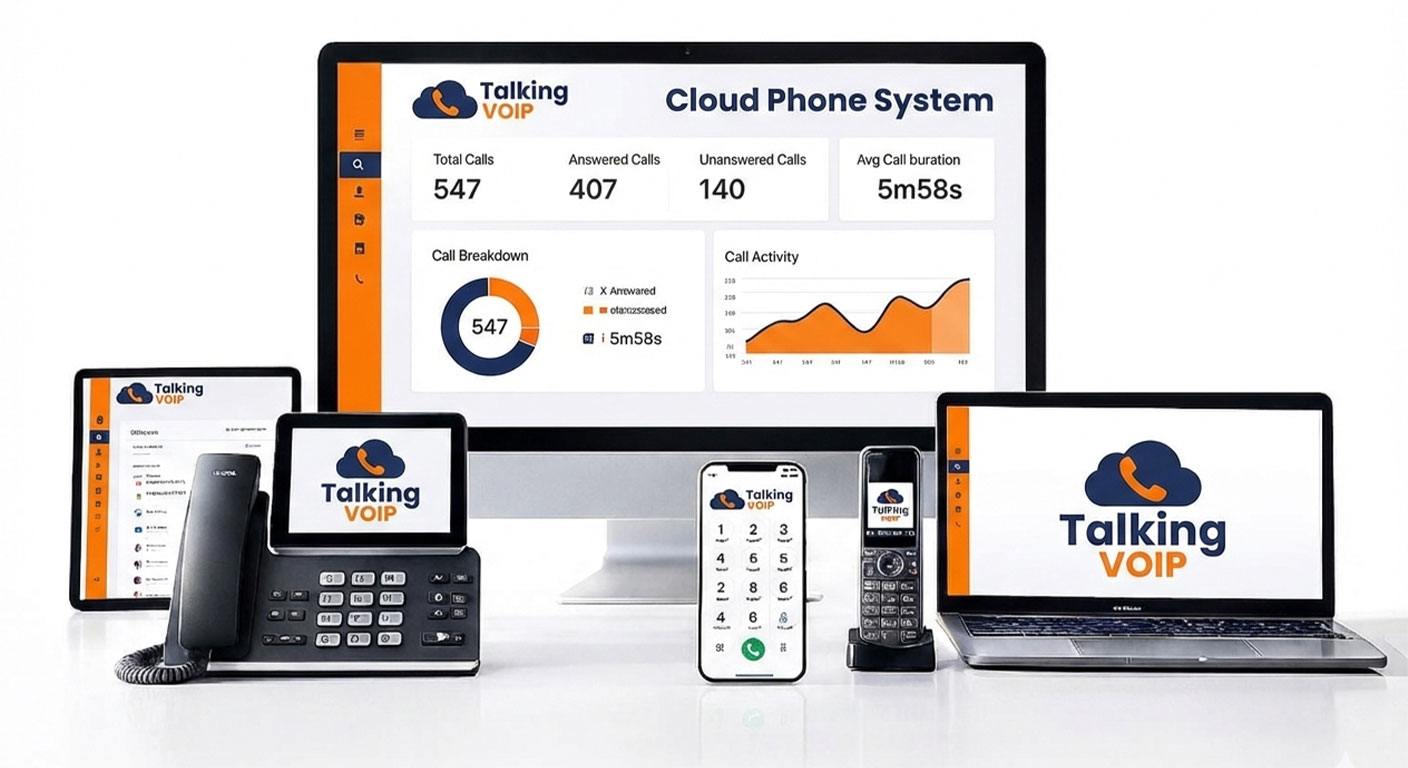 Talking VOIP Microsoft Teams Phone System interface showing a call analytics dashboard on an iMac, accompanied by a VoIP desk phone, smartphone, and cordless handset in a professional office setting.