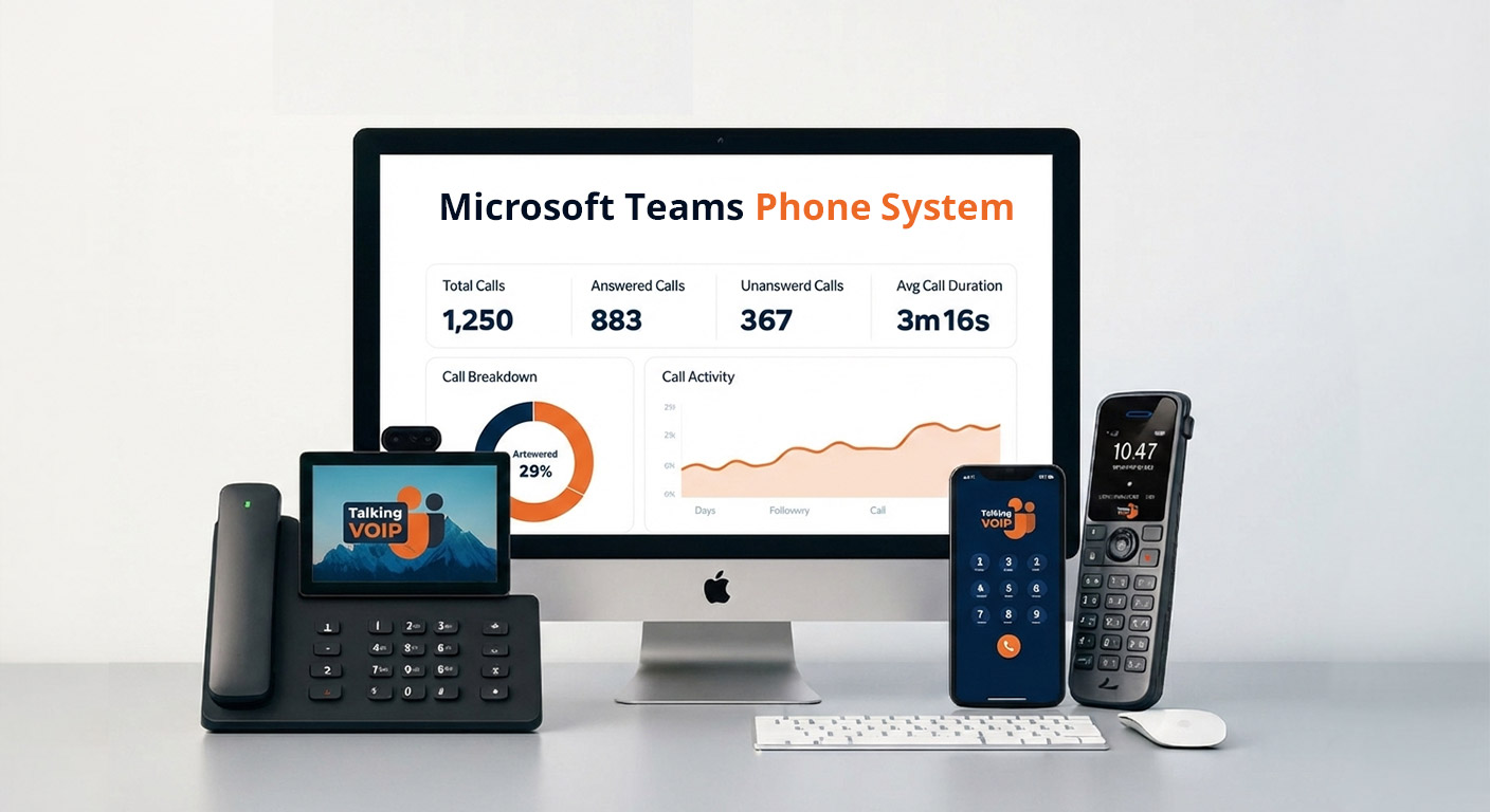 Talking VOIP Microsoft Teams Phone System interface showing a call analytics dashboard on an iMac, accompanied by a VoIP desk phone, smartphone, and cordless handset in a professional office setting.