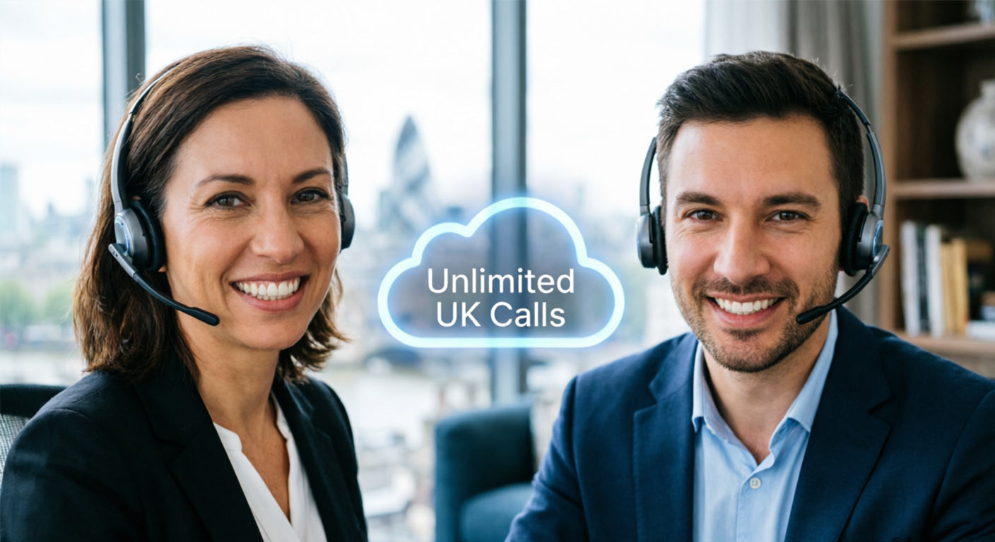 Yealink VoIP phone system interface displayed across multiple devices including a laptop, tablet, smartphone, and cordless handset.