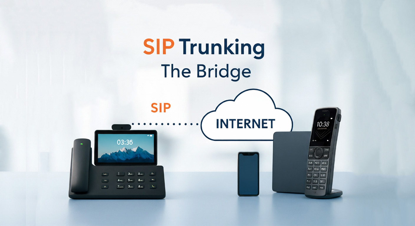 Talking VOIP Microsoft Teams Phone System interface showing a call analytics dashboard on an iMac, accompanied by a VoIP desk phone, smartphone, and cordless handset in a professional office setting.